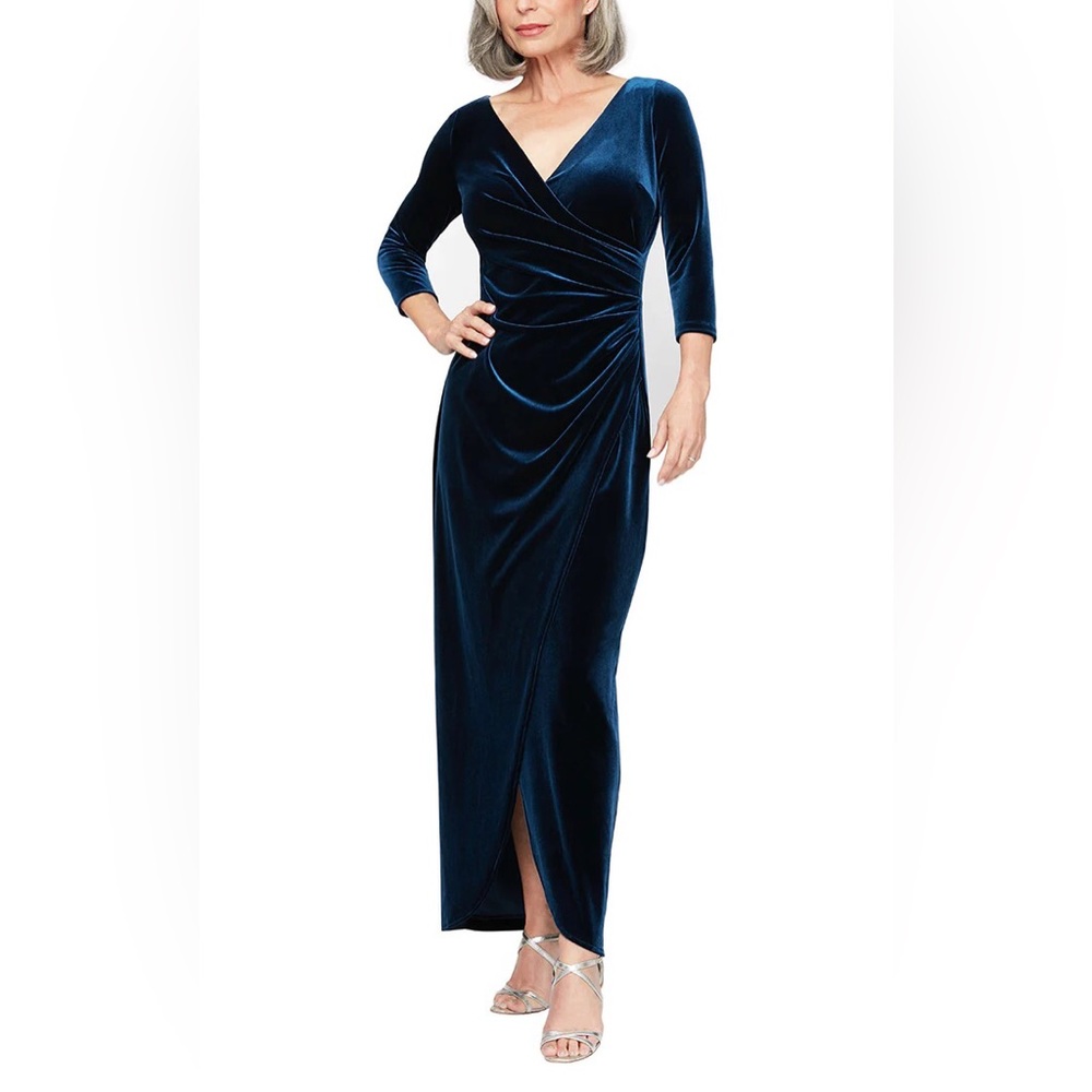 Alex Evenings Long Surplice Neck Velvet Dress with Tulip Overlay Hem Skirt 12